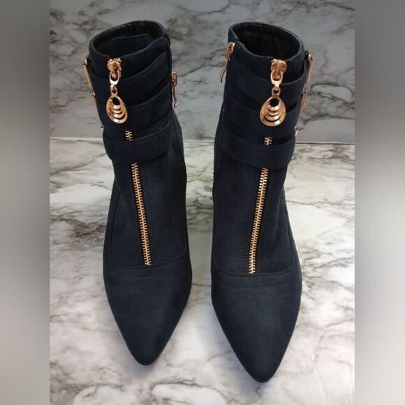 IDIFU Navy Blue Ankle Boots With Buckles Zip Closure Skinny Heel Size 10 - Picture 2 of 13